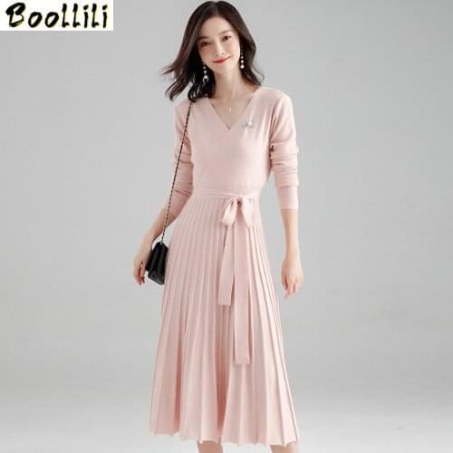 Boollili Vintage Elegant Knitted Midi Dress Women Clothes Ladies Dresses Spring Long Sleeve Pleated Black Women Dress Vestidos