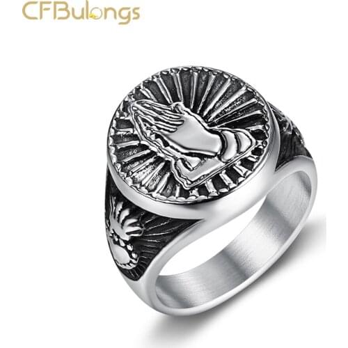 CFBulongs Vintage Golden Virgin Mary Hand Ring Fashion Stainless Steel Both Hands Prayer Seal Viking Jewelry Party Gift