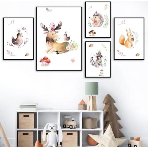 Raccoon Bird Squirrel Hedgehog Red Deer Cartoon Wall Art Canvas Painting Nordic Posters And Prints Wall Pictures Kids Room Decor