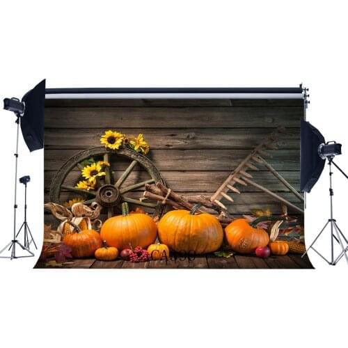 Autumn Harvest Backdrop Happy Halloween Pumpkin Vintage Wheel Farm Tool Flowers Rustic Wood Plank Photography Background