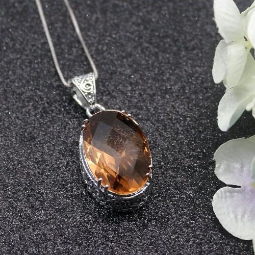Hermosa Solitaire Oval Shape HoneyTopaz Silver Color For Women Charms Pendant Chain Necklace 20 Inch