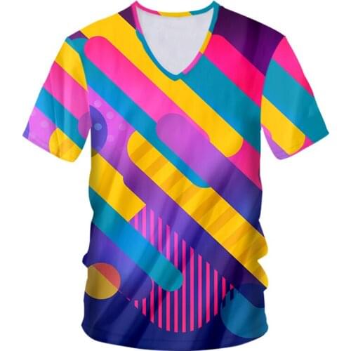 IFPD EU/US Size New Paint Colorful Stripes V-neck T-shirt Summer Men 3D Printing T-shirt Personality Streetwear Casual Top