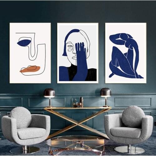 Painting Picture for Living Room Home Decor Minimalist Human Blue Style Wall Art Canvas Print Fashion Vintage Abstract