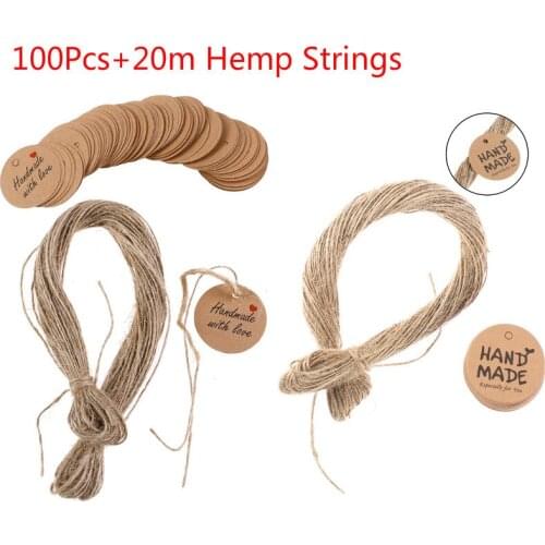 100Pcs Round Handmade With Love Kraft Paper Hang Tags+20m Hemp Strings Garment Luggage Labels Mark Gift Paper Tags