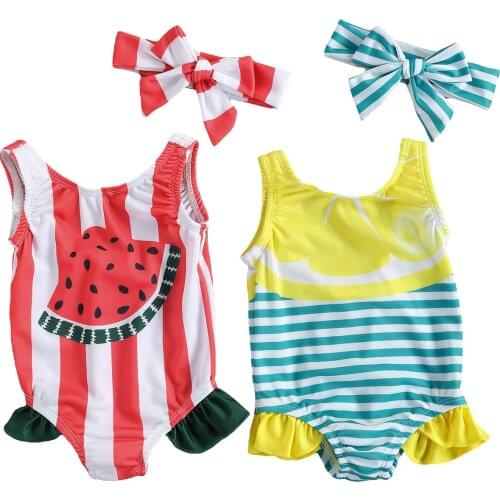 Lioraitiin 2 Pcs Set 0-24M Newborn Infant Baby Girls Swimsuits Sleeveless Fruit Stripe Print Ruffle Swimwear Bowknot Headband