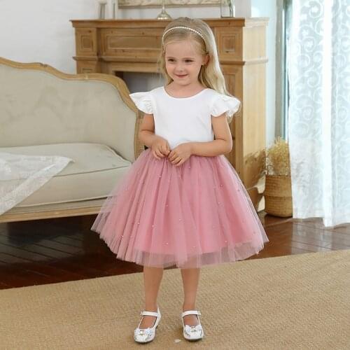 Mini Summer Baby Girls 1 2 3 4 5 Years Birthday Dress Ruffles Sleeve Solid Pearl Summer Princess Infant Baby Girls Dress