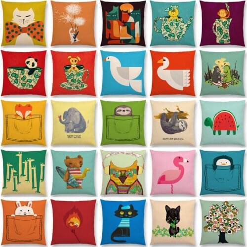 Cartoon Animals Cushion Cover Cat Flamingo Penguin Rabbit Pillow Case Cat elephant dog monkey tiger swan bear owl linen 45x45