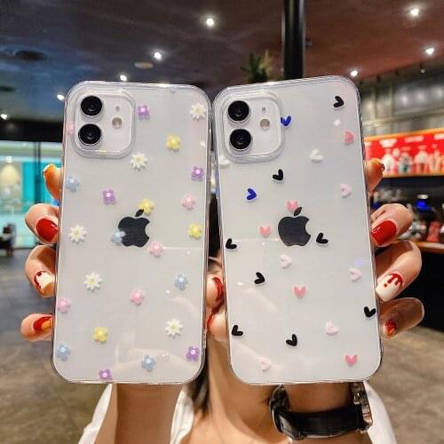 Cartoon Flowers Phone Case For iPhone 11 7 8 Plus X XR 12Pro XS Max SE2 Cute Love Heart Transparent Soft TPU For iPhone 12 Cover