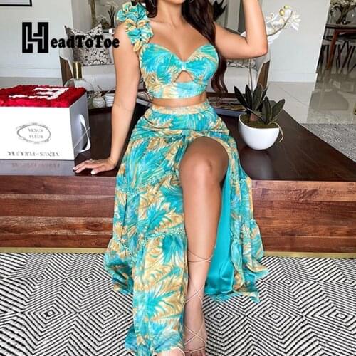 Chic Print Sexy One Shoulder Cutout Crop Tops & Slit Maxi Skirts Set Summer Women Two Piece Set Outfits