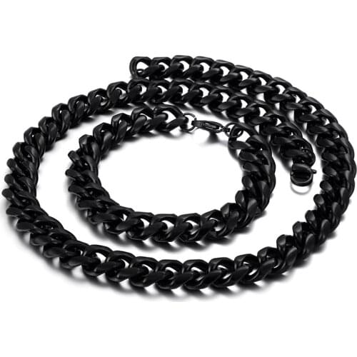 Mens Gifts black 13mm wide 24''+9'' Stainless Steel Jewelry Set smooth Cuban curb chain Necklace & Bracelet