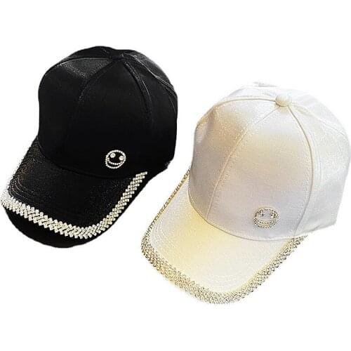 Peikong Women Korean-Style Adjustable Diamond Studded By Hand Smiley Baseball Cap Casual Multi-Functional Sun Hat With Diamond
