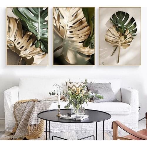 Scandinavian Poster Golden Plant Leaf Canvas Abstract Painting Wall Art Print Decorative Pictures for Living Room Home Decor