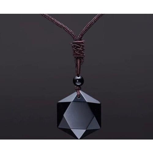 HFANCYW Popular Natural Black Obsidian Pendant Six Stars Energy Stone Pendant Hand Made Adjustable Necklace Pendulum Tool
