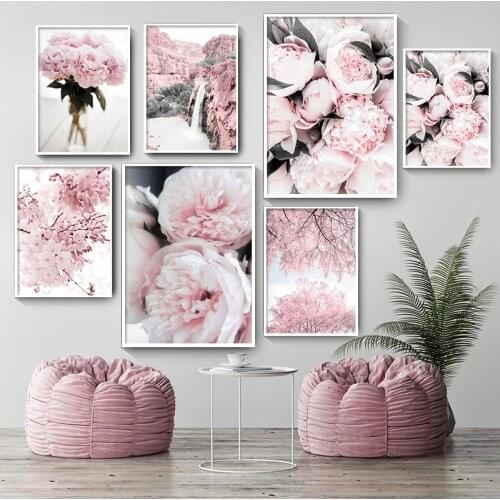 Peony Cherry Blossom Carnation Flower Mountain Nordic Posters And Prints Wall Art Canvas Painting Wall Pictures For Home Decor