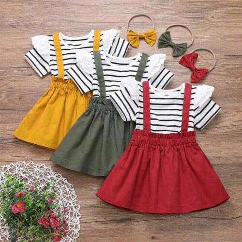 Pudcoco 3Pcs Toddler Kid Baby Girl Clothes Striped Top T-shirt Strap Skirt 3PCS Casual Cotton Kids Clothing Outfit Set 1-6Y