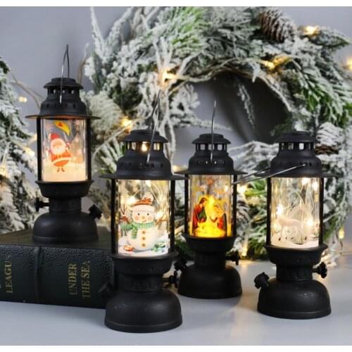 Merry Christmas Elk Santa Snowman Jesus Gas Lamp Hand Lantern LED Light Xmas Hanging Ornament Pendent Party Decoration