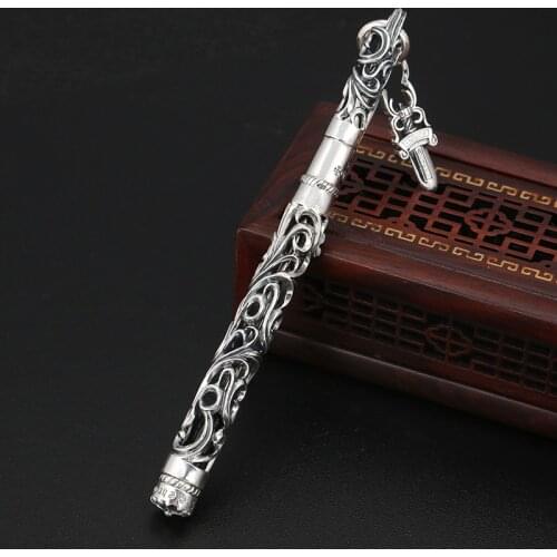 S925 Sterling Silver Thai Silver Creative Hollow Flower Vine Small Holy Sword Ball Pen Men And Women Pendant Birthday Gift