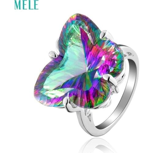 MELE Natural mystic quarts silver ring, rainbow crystal in butterfly shape 16mm*21mm, vivid and lovely silver ring