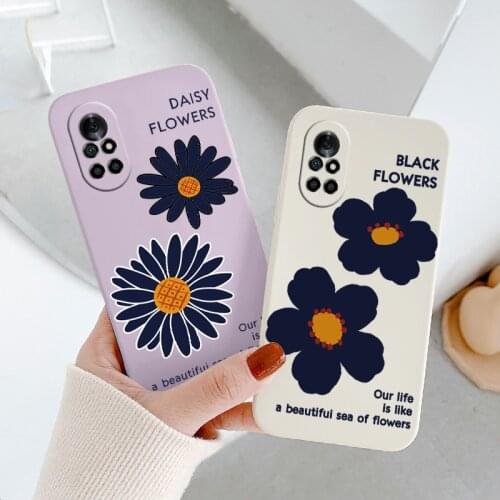 Black Flowers Liquid Silicone Case For Huawei Nova 8 7 Pro SE 6 SE 5 Pro 5Z 5I 5Ipro 5T 4 4E Ultra Thin Phone Back Cover