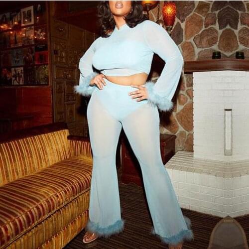 Sexy Transparent Pants Sets for Womens New Feather Tops & Flare Trousers Skinny Hot Evening Night Club Wear Outfits Matching Set