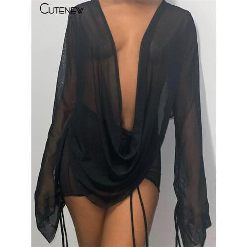 Cutenew Sexy Mesh Solid 2 Piece Set Women Outfits Hipster See Through Low V-Neck Top+Drawstring Skinny Short Skirt Lady Clubwear