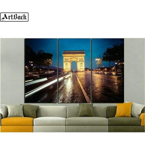 Triptych 5d diamond painting Arc de Triomphe landscape full square diamond mosaic French view 3d sticker decoration