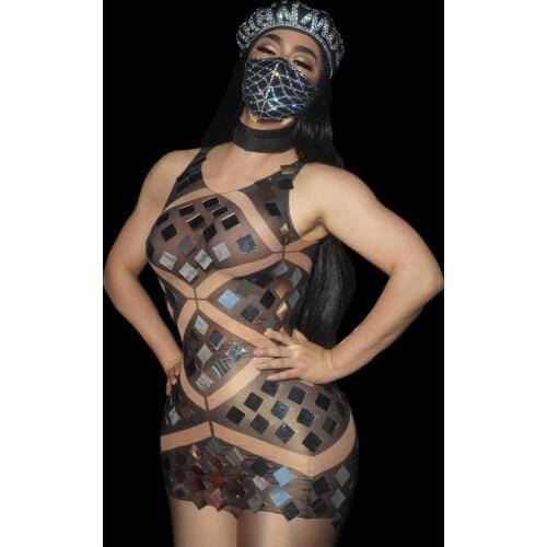 Nightclub Party Bodycon Dress Sequin Mesh Perspective Dresses for Women Sexy See Through Prom Dress DJ DS Dance Stage Costumes