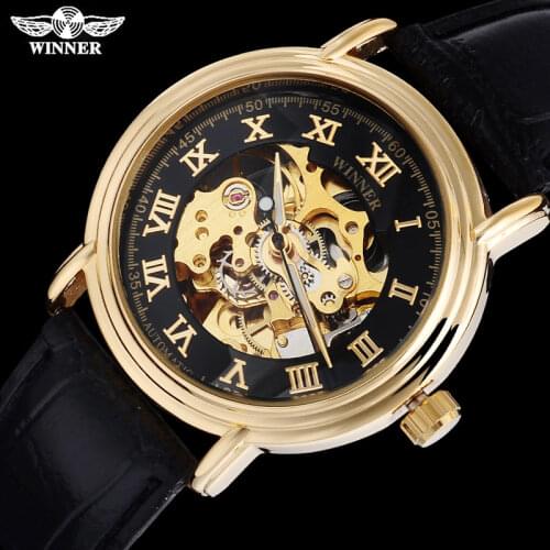 WINNER luxury brand men mechanical watches leather band fashion hot mens automatic skeleton gold watches relogio masculino