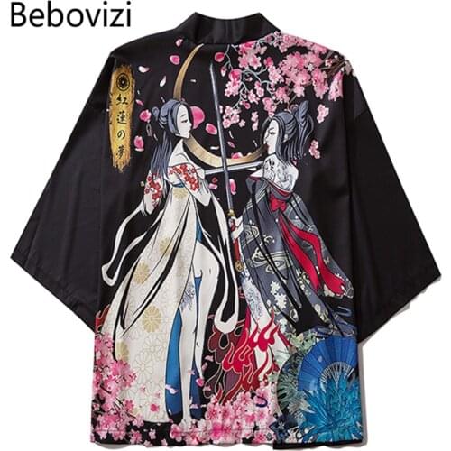Bebovizi Japanese Ukiyo-e Kimono Yukata 2020 Women Casual Anime Print Shirt Clothes Traditional Kimonos Men StreetWear Coat