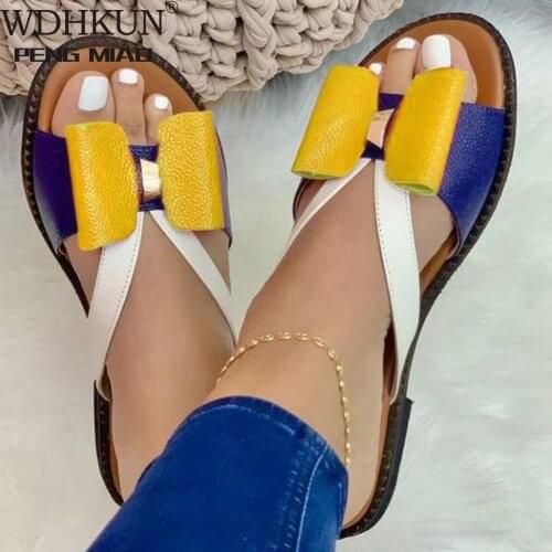 Women Shoes 2021 Summer Women Fashion Flat Color Blocking Bowknot Large Size Sandals Slippers PU Beach Outdoor Slides