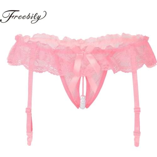 Women See Through Mesh Brief Artificial Pearl Crotchless Panties Lingerie Underwear Lace Trim G-string T-back Thong with Garters
