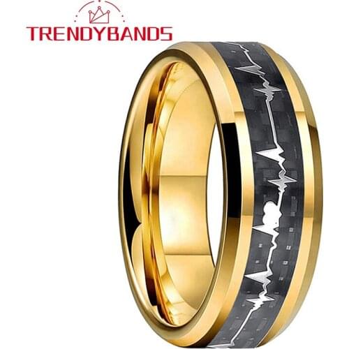 Gold 8mm Men Women Tungsten Couples Ring Heartbeat Wedding Band with Black Carbon Fiber High Polished Finish Comfort Fit