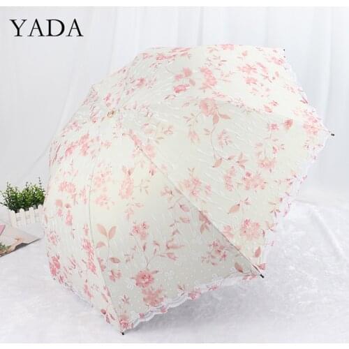 YADA high quality Lace Flower Pattern Umbrella Rain UV Three Folding Umbrella For Girl Women Windproof Umbrellas Female YS200197