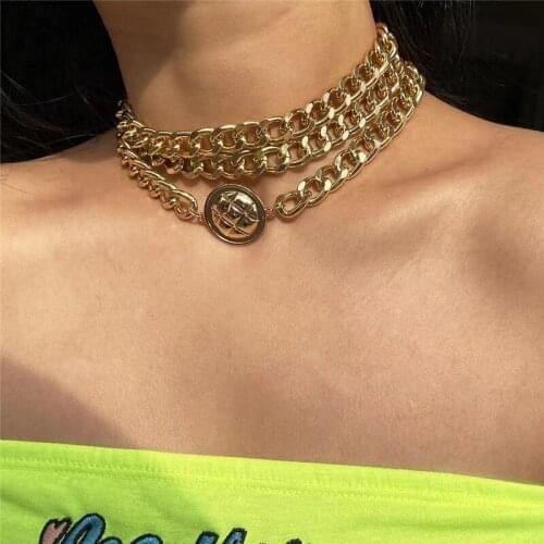 3pcs / set punk multilayer Miami curb Cuban Necklace womens Steampunk round disc pendant thick necklace jewelry accessories