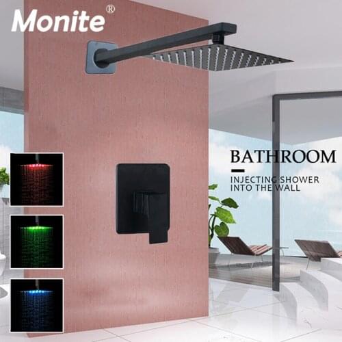 Monite 8~16 Inch Matte Black Wall & Ceilling Mounted Rainfall Bathroom Shower Set Faucet Square Ultrl-thin Shower Head Mixer Set