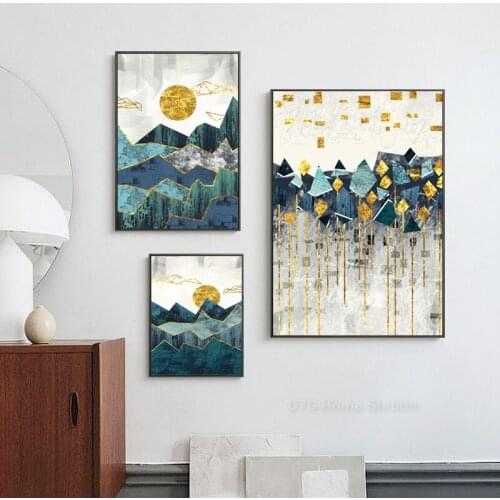 Nordic Abstract Geometric Mountain Landscape Canvas Painting Golden Sun Wall Art Poster Print Picture Living Room Decor