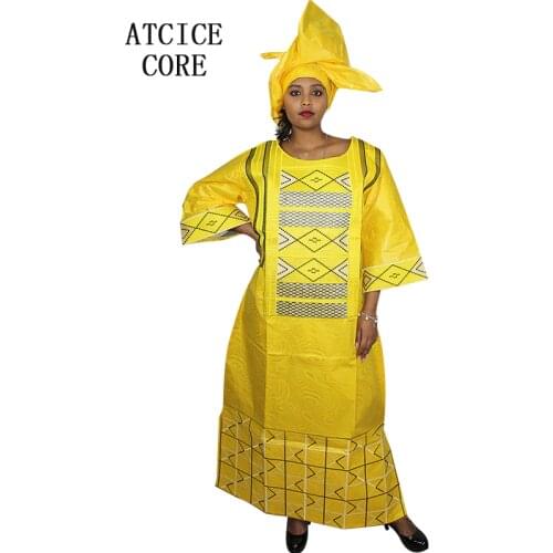 AFRICAN DRESSES LONG DRESSES RICHE BAZIN EMBROIDERY DESIGN DRESS WITH SCARF A061