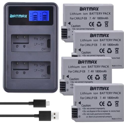 1800mAh 4Pcs LP-E8 LPE8 LP E8 Camera Batteries+LCD Dual USB Charger for Canon EOS 550D 600D 650D 700D Rebel X4 X5 X6i X7 2i T3i