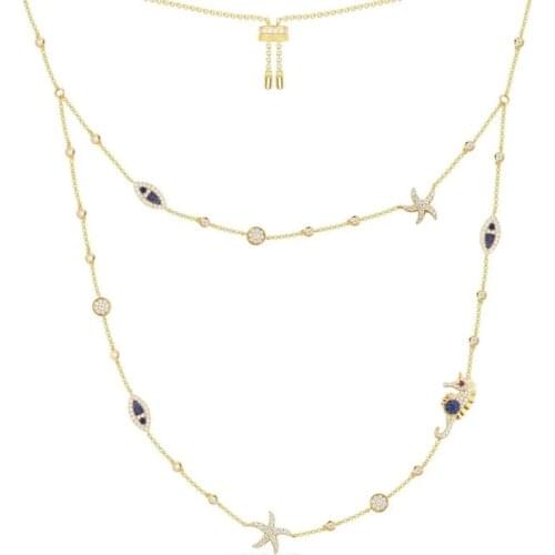 SLJELY S925 Sterling Silver Gold Color Tropical Sea Starfish Seahorse Lucky Fish Double Adjustable Necklace Women Brand Jewelry