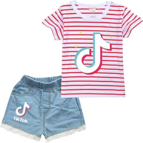 TIK TOK Cartoon childrens short sleeve striped suit summer fashion T-shirt + shorts suit