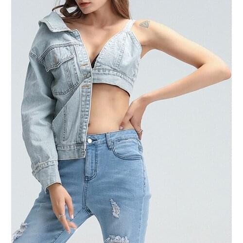 FNOCE 2021 new womens jeans jackets fashion trends personality Design irregular slim solid backless sexy denim coats