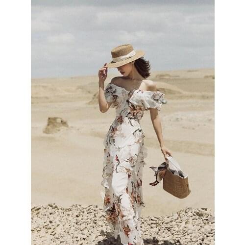 French elegant temperament one line shoulder print dress summer super slim holiday dress 0611