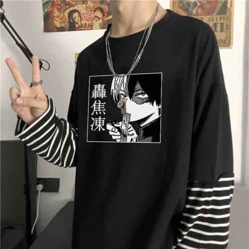 Anime My Hero Academia Todoroki Shoto Manga T Shirt Harajuku Summer Streetwear Casual Men/women Long Sleeves Stripes T-Shirts