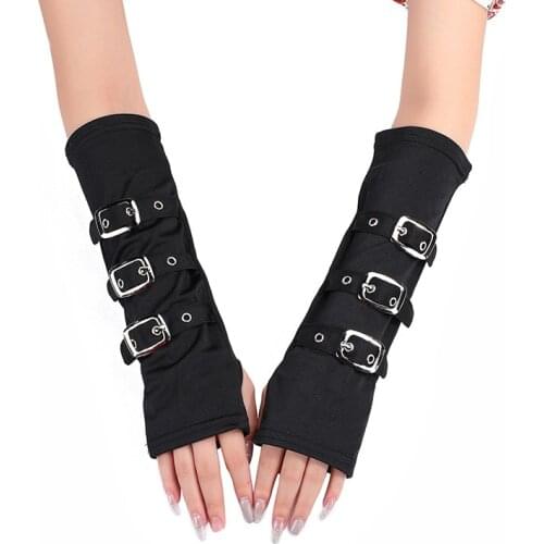 Gothic Unisex Buckled Up Bondage Arm Warmers With Metal Buckle Straps Womens Black Steampunk Style Fingerless Gloves For Lady