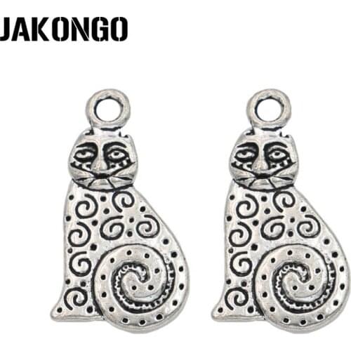 JAKONGO Antique Silver Plated Cat Charms Pendant for Jewelry Making Bracelet Accessories DIY 22x13mm 10PCS/lot