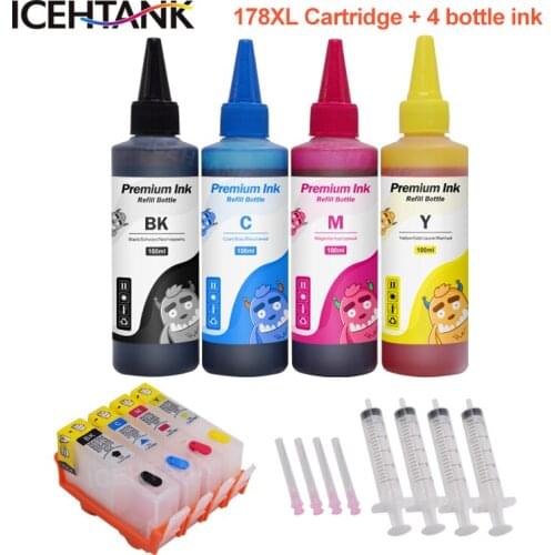 ICEHTANK 4X100ml Bottle Refill Dye Ink + 178 Refill Ink Cartridge For HP 178XL Photosmart 7515 5515 B109a B209 3070A Cartridges