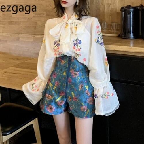 Ezgaga Two Piece Set Women Embroidery Vintage Bowknot Lantern Sleeve Blouse Shirts High Waist Shorts Wide Leg Elegant Fashion