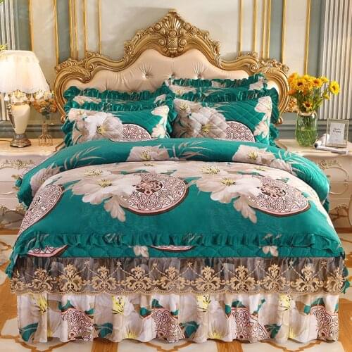 Printed Lace Crystal Velvet 4pcs Bedding Set Double Bed Quilt Cover Bedspread Soft King Queen 200x230 Luxury with 2 Pillowcases