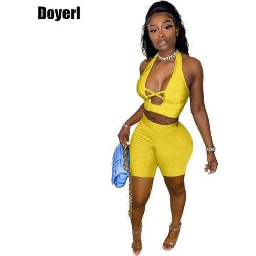 Summer Co Ord Set Women Tracksuit 2 Piece Set Fashion Sexy Hollow Out Halter Crop Top and Shorts Sets Club Outfits for Women