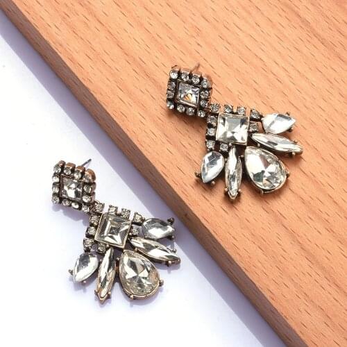 Trendy Big Geometric Transparent Glass Stone Clip On Earrings for Women ZA Boho Style Ear Clips with Vintage golden brincos